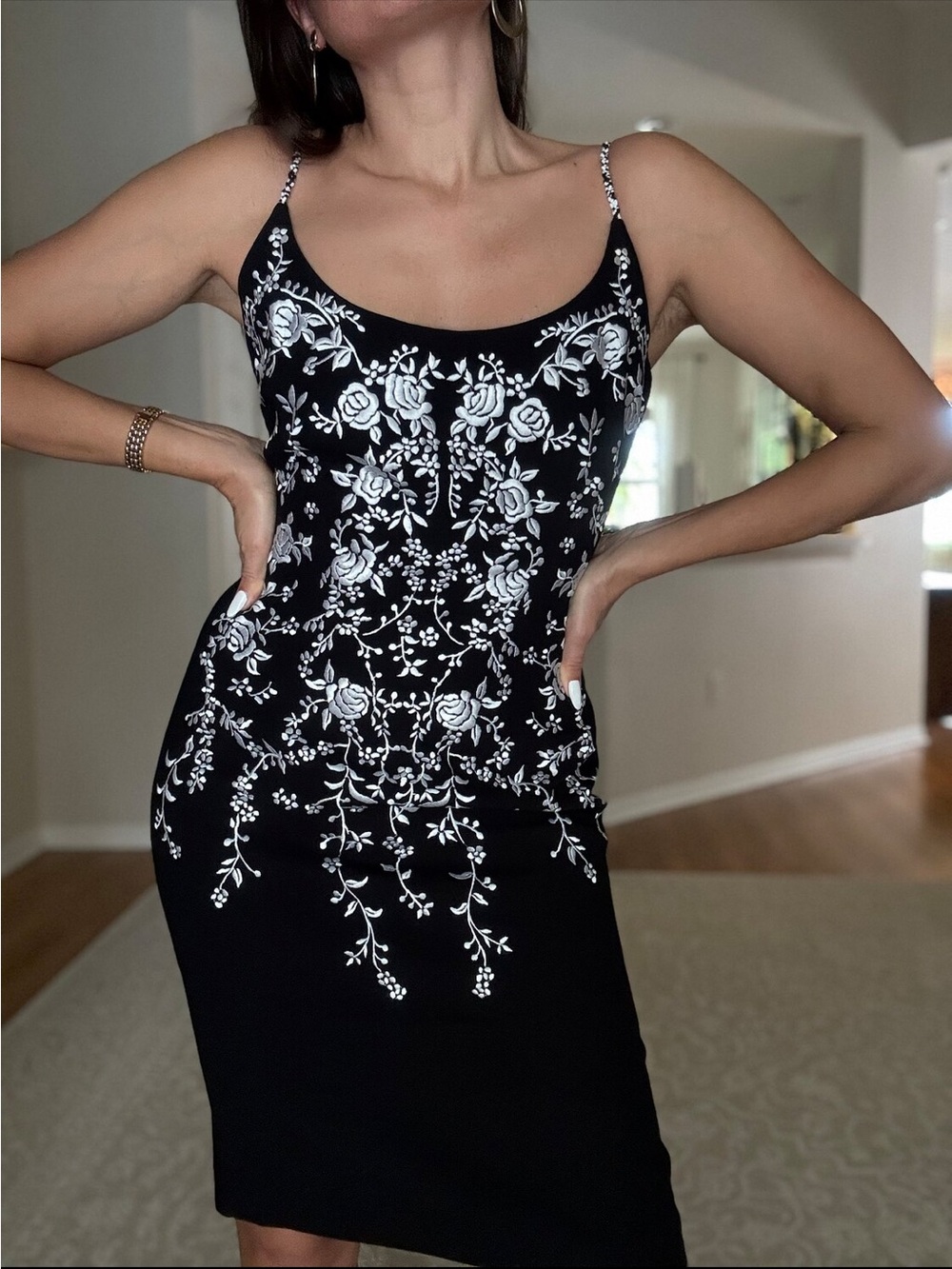 Maggy London Black Midi Dress with White Floral Embroidery